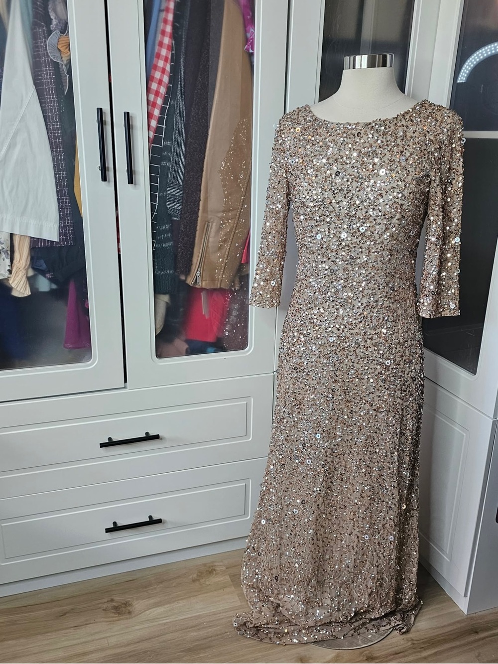 Adrianna Papell Rose Gold Sequin Long Sleeve Evening Gown